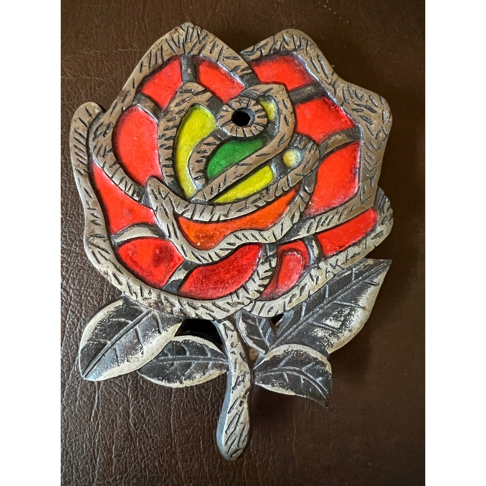 Vtg Cast Iron Rose Whimsigoth 80s Decor Enamel Stained Glass Style Wall Decor